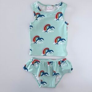 Hanna Andersson Kids Swim Set - Aqua with Rainbow Dolphins Size 3-4